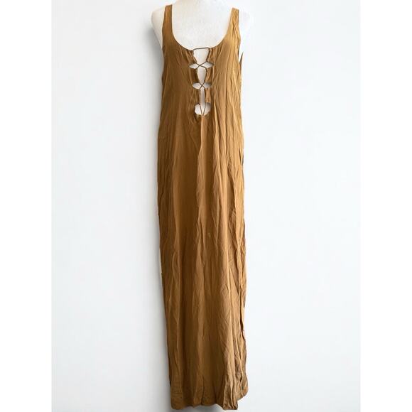Acacia S Silk Brown Bronze Sardinia Maxi Dress Cut Out Plunge Back Flowy Rare - Picture 1 of 12